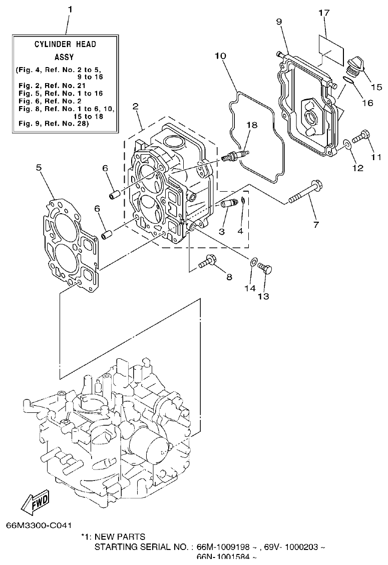 Yamaha 9C, 5A, F15A CYLINDER & CRANKCASE 2 parts diagram