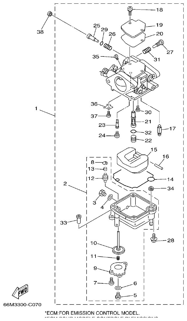 Yamaha 9C, 5A, F15A CARBURETOR parts diagram