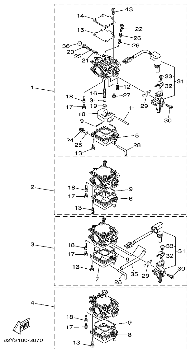 Yamaha F50A, FT50B CARBURETOR parts diagram