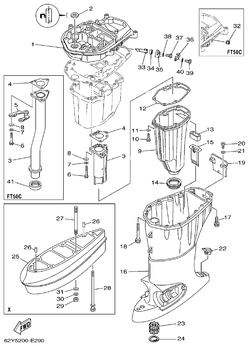 Yamaha F50A, FT50C UPPER CASING parts diagram