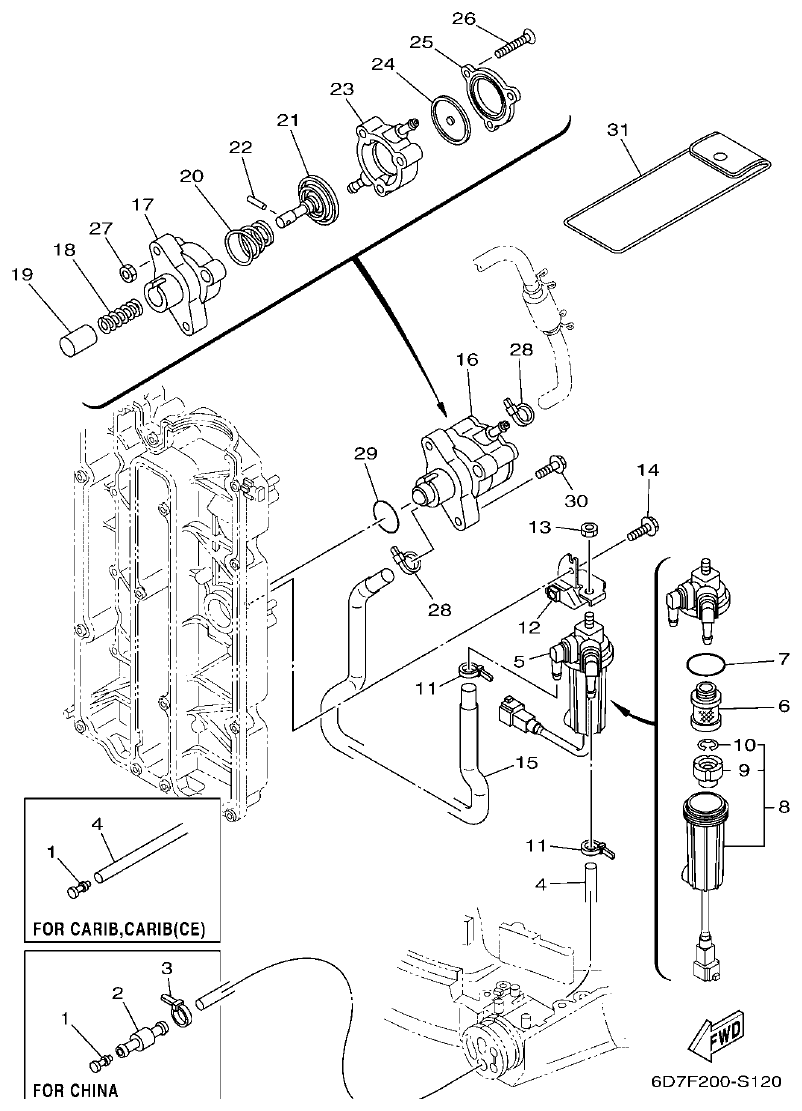 Yamaha F80BET, F90BET, F100DET FUEL 1 parts diagram