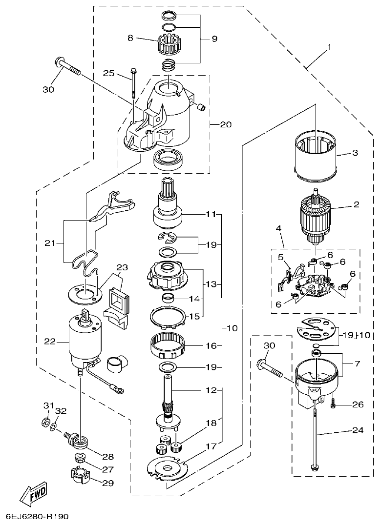 Yamaha F80BET, F90BET, F100DET STARTING MOTOR parts diagram