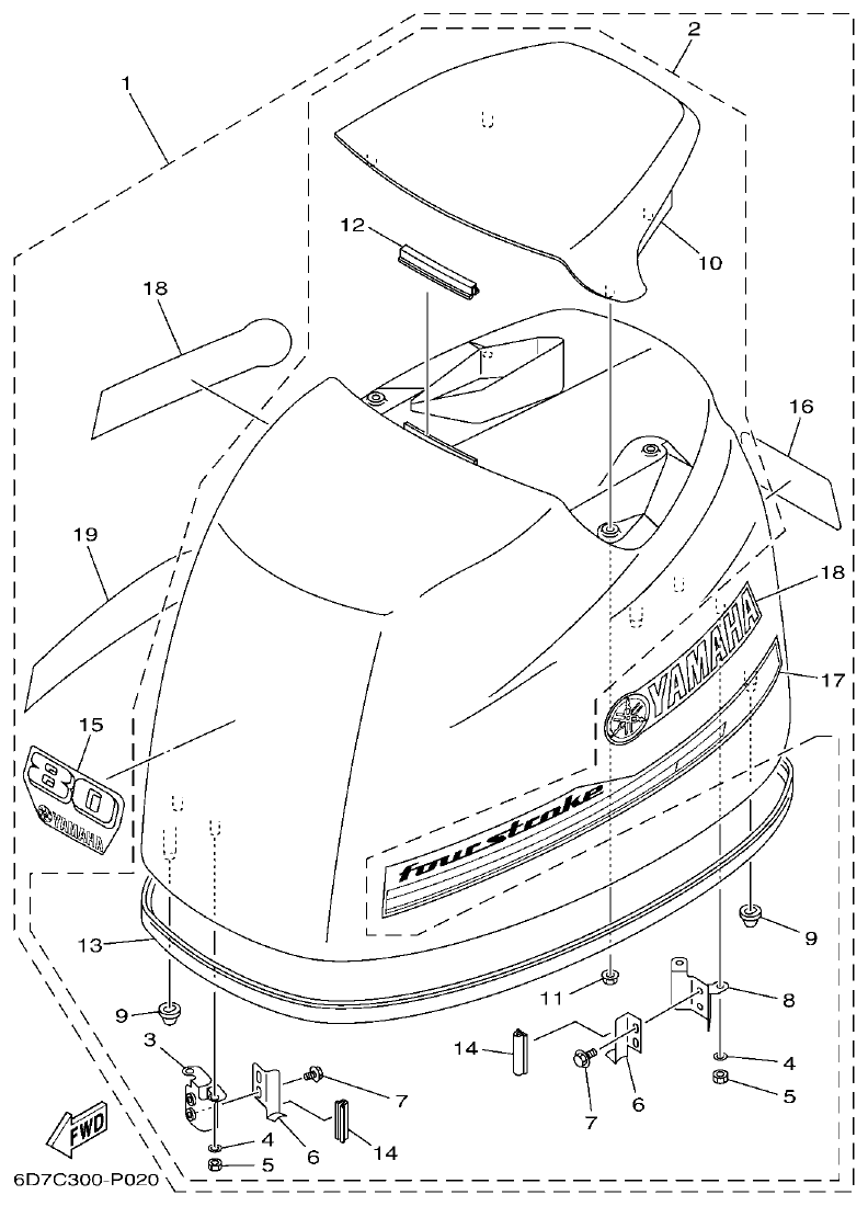 Yamaha F80BET, F90BET, F100DET TOP COWLING parts diagram