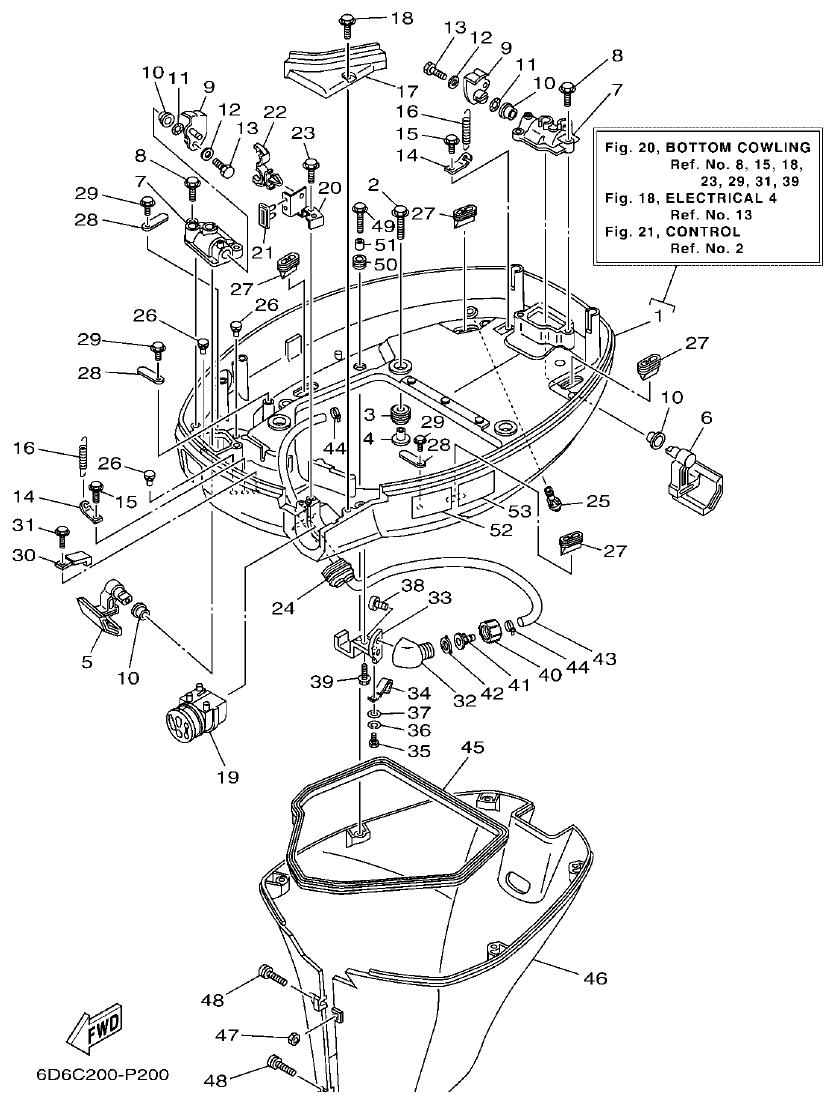 Yamaha F80BET, F90BET, F100DET BOTTOM COWLING parts diagram