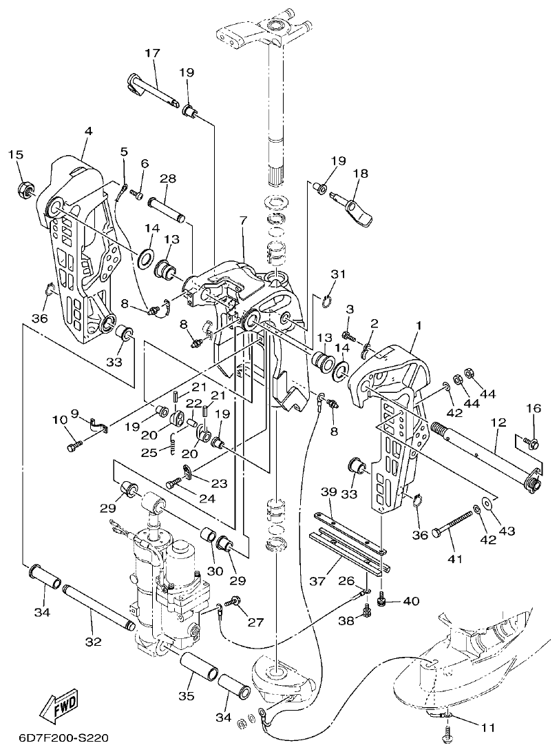 Yamaha F80BET, F90BET, F100DET BRACKET 1 parts diagram