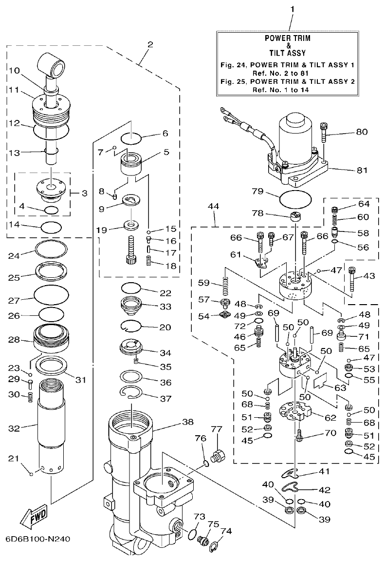 Yamaha F80BET, F90BET, F100DET POWER TRIM & TILT ASSY 1 parts diagram