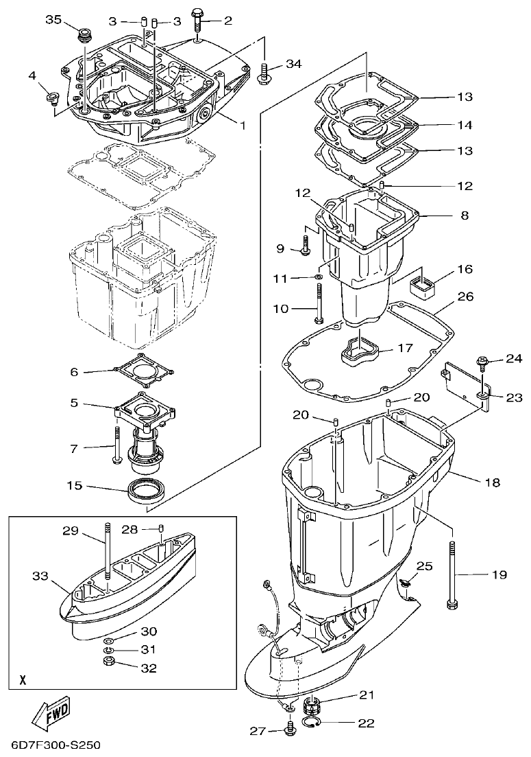 Yamaha F80BET, F90BET, F100DET UPPER CASING parts diagram