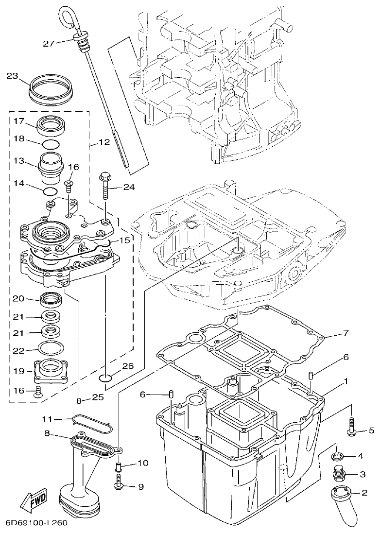 Yamaha F80BET, F90BET, F100DET OIL PAN parts diagram