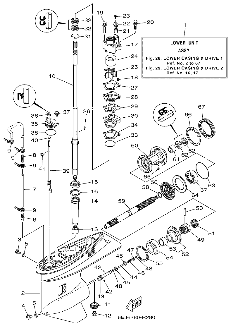 Yamaha F80BET, F90BET, F100DET LOWER CASING & DRIVE 1 parts diagram