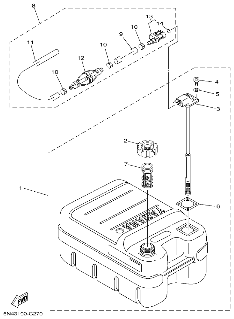 Yamaha F80BET, F90BET, F100DET FUEL TANK parts diagram