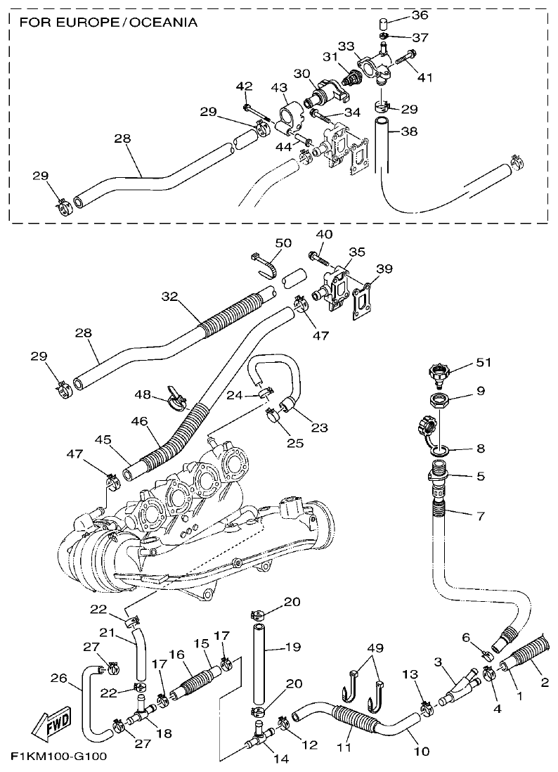 Yamaha F1KW EXHAUST 2 parts diagram