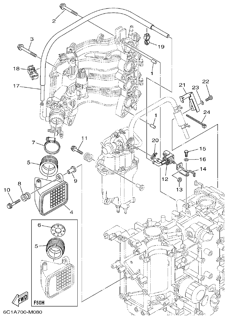 Yamaha F50HET, F60FET, F50HEHD, F60FEHT INTAKE 2 parts diagram