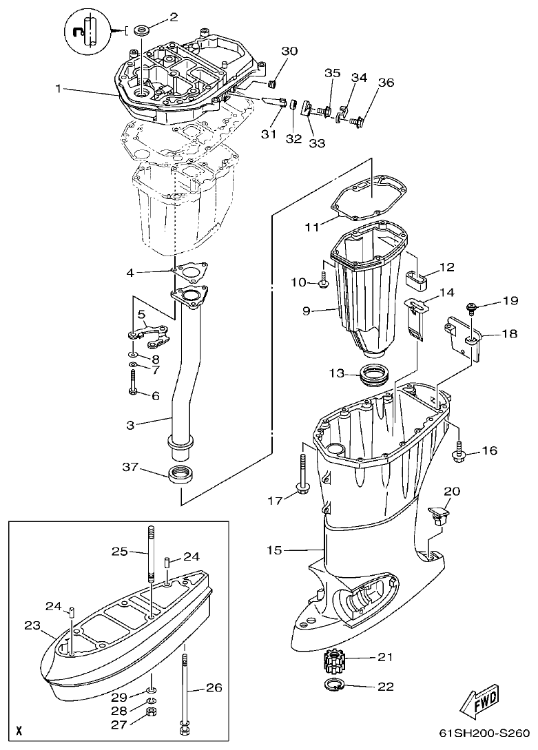 Yamaha FT50CET, FT50CEHD UPPER CASING parts diagram