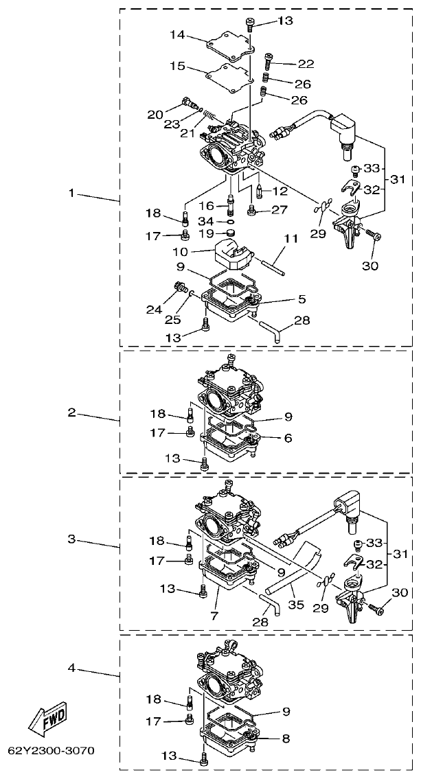 Yamaha FT50CET, FT50CEHD CARBURETOR parts diagram