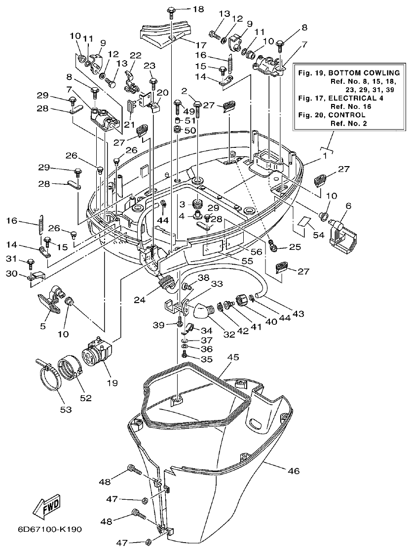 Yamaha F80BET, F100DET BOTTOM COWLING parts diagram