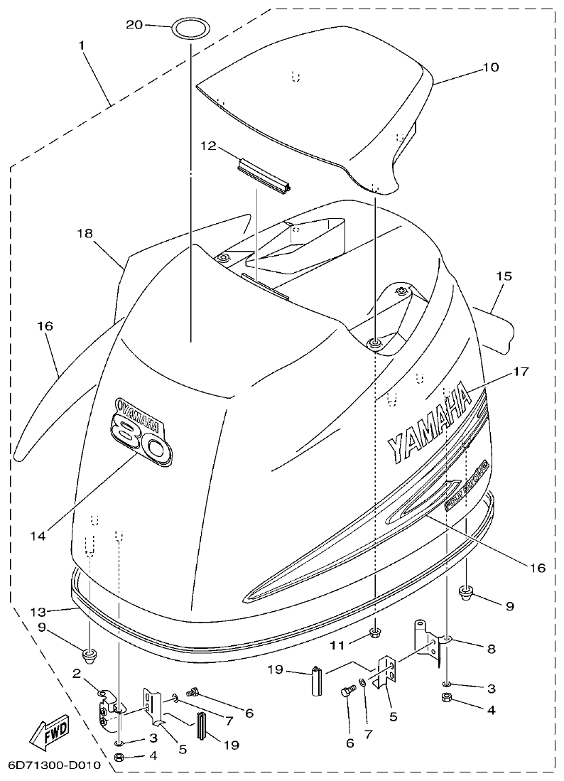 Yamaha F80BET, F100DET TOP COWLING parts diagram