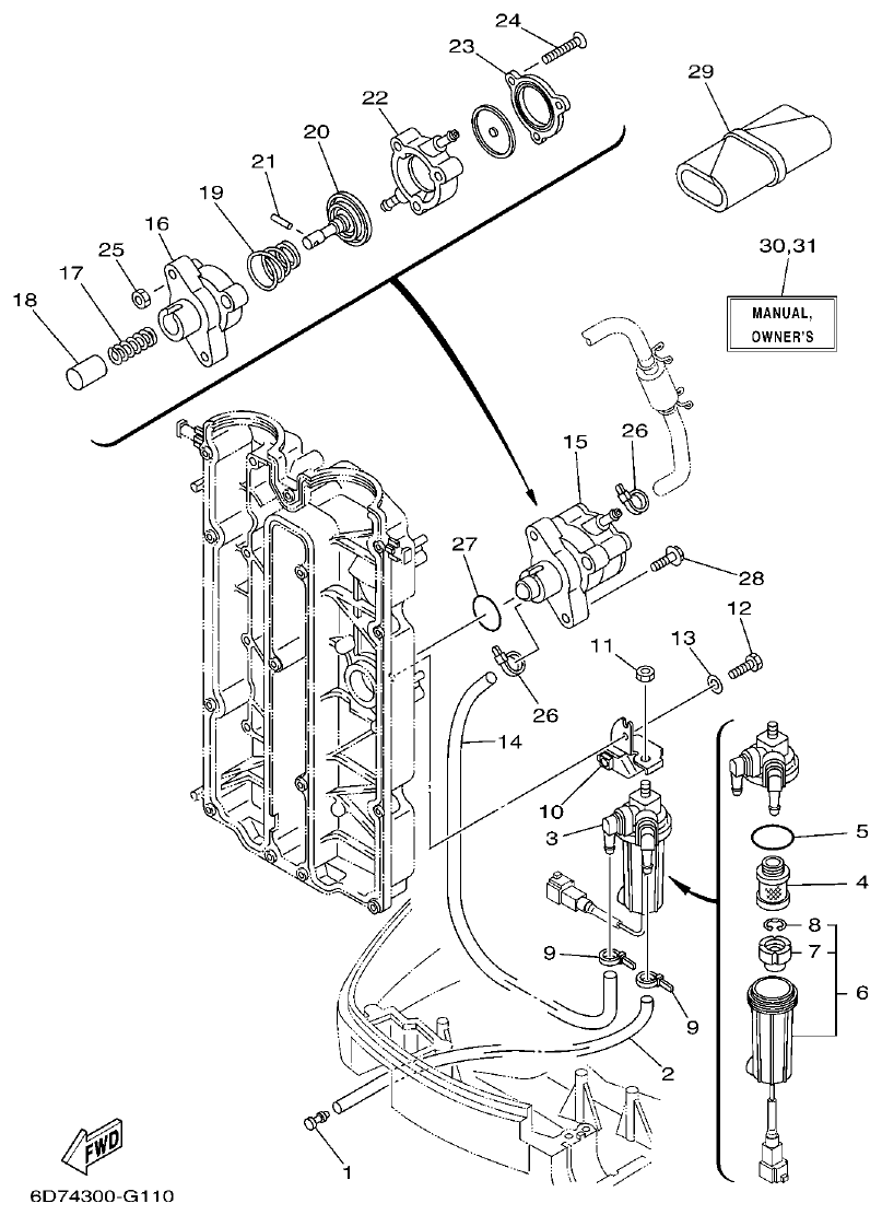 Yamaha F80BET, F100DET FUEL 1 parts diagram