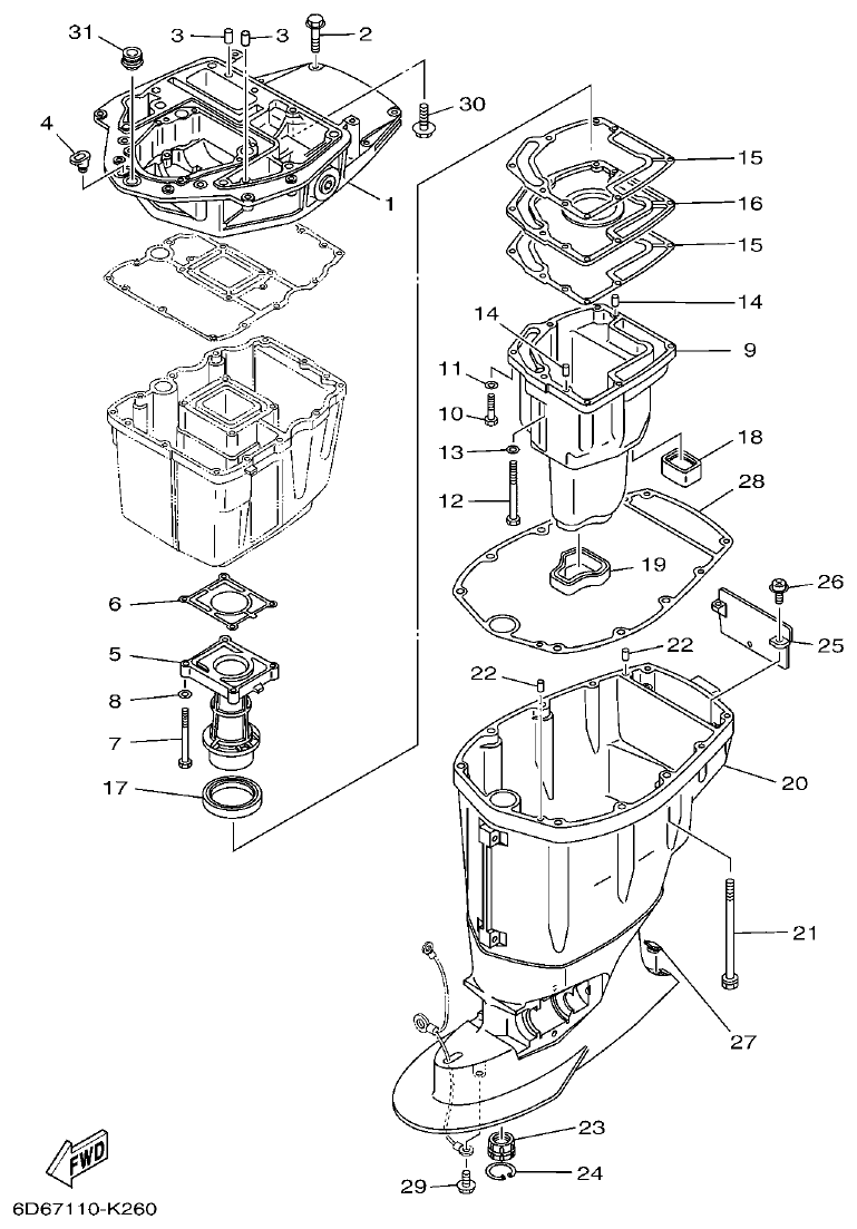 Yamaha F80BET, F100DET UPPER CASING parts diagram