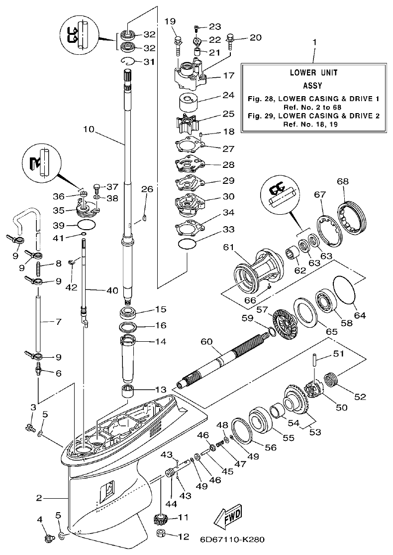 Yamaha F80BET, F100DET LOWER CASING & DRIVE 1 parts diagram