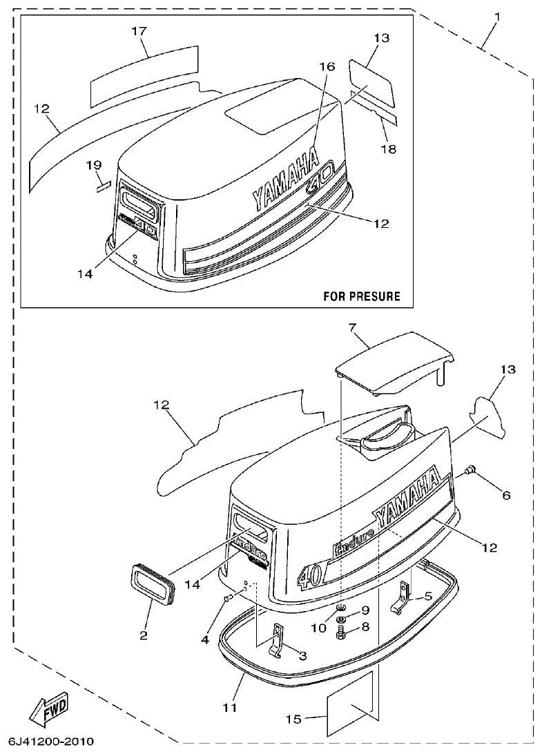 Yamaha 40G, 40J TOP COWLING parts diagram