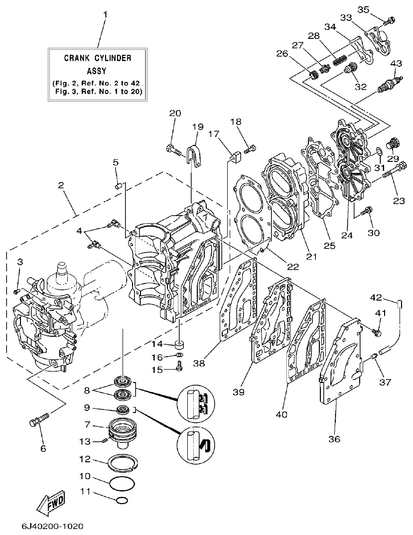 Yamaha 40G, 40J CYLINDER. CRANKCASE parts diagram