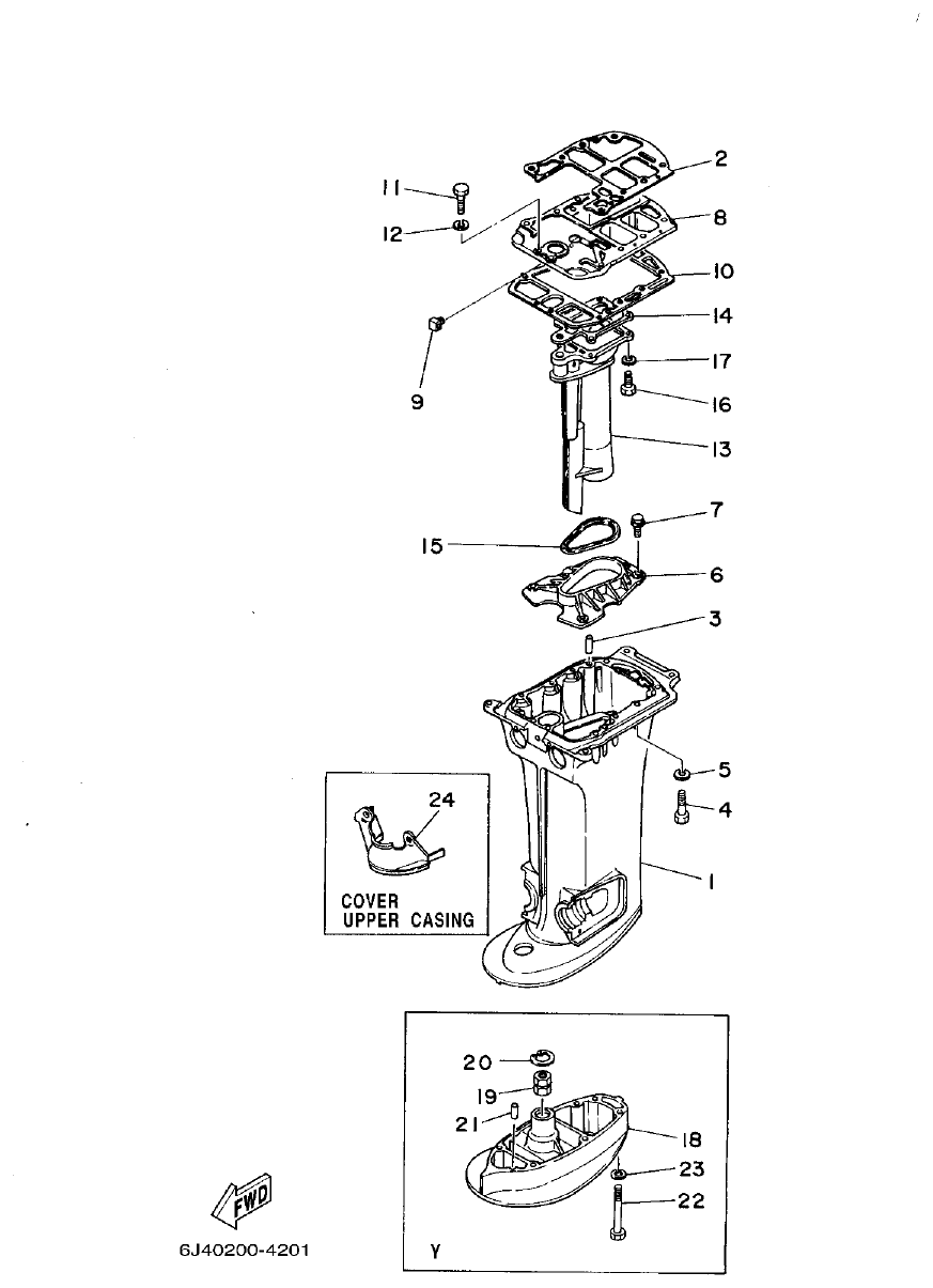 Yamaha 40G, 40J UPPER CASING 2 parts diagram