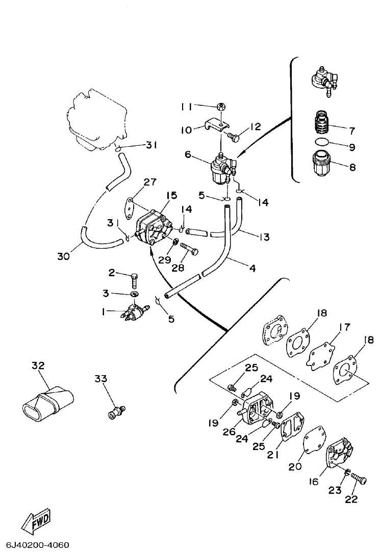 Yamaha 40G, 40J FUEL parts diagram
