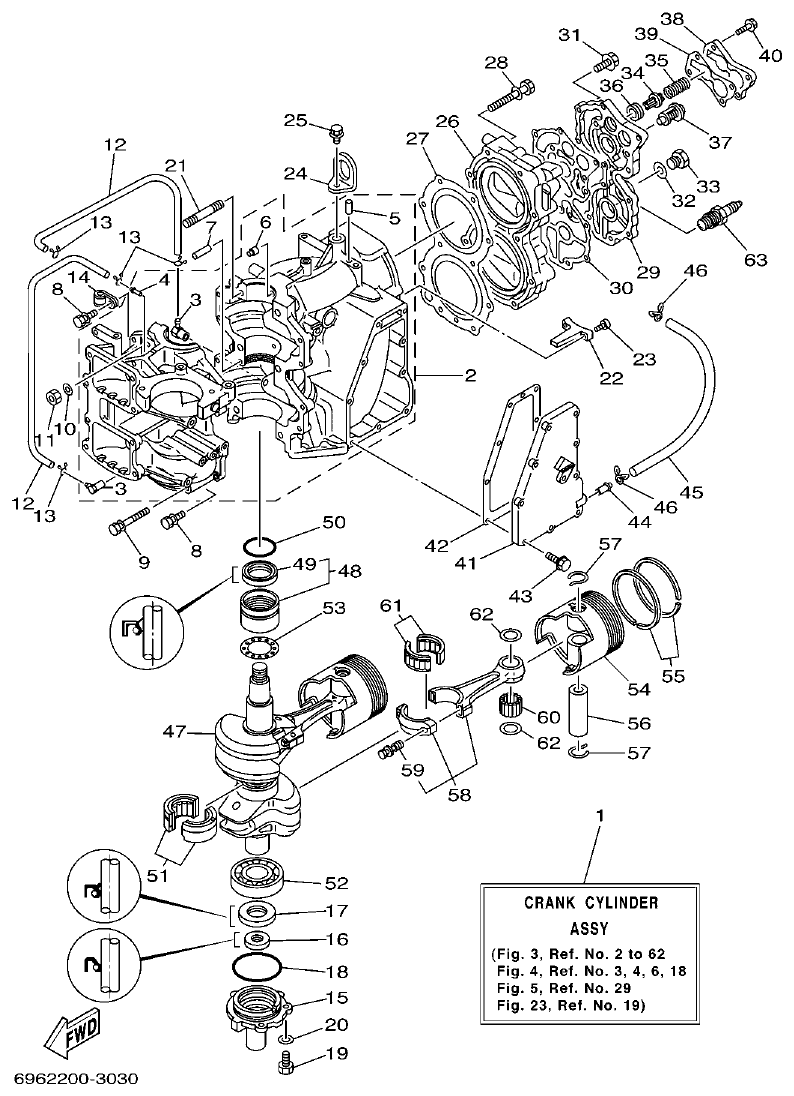 Yamaha E48C, E55C, 55B, E48CMH, E55CMH CYLINDER & CRANKCASE parts diagram