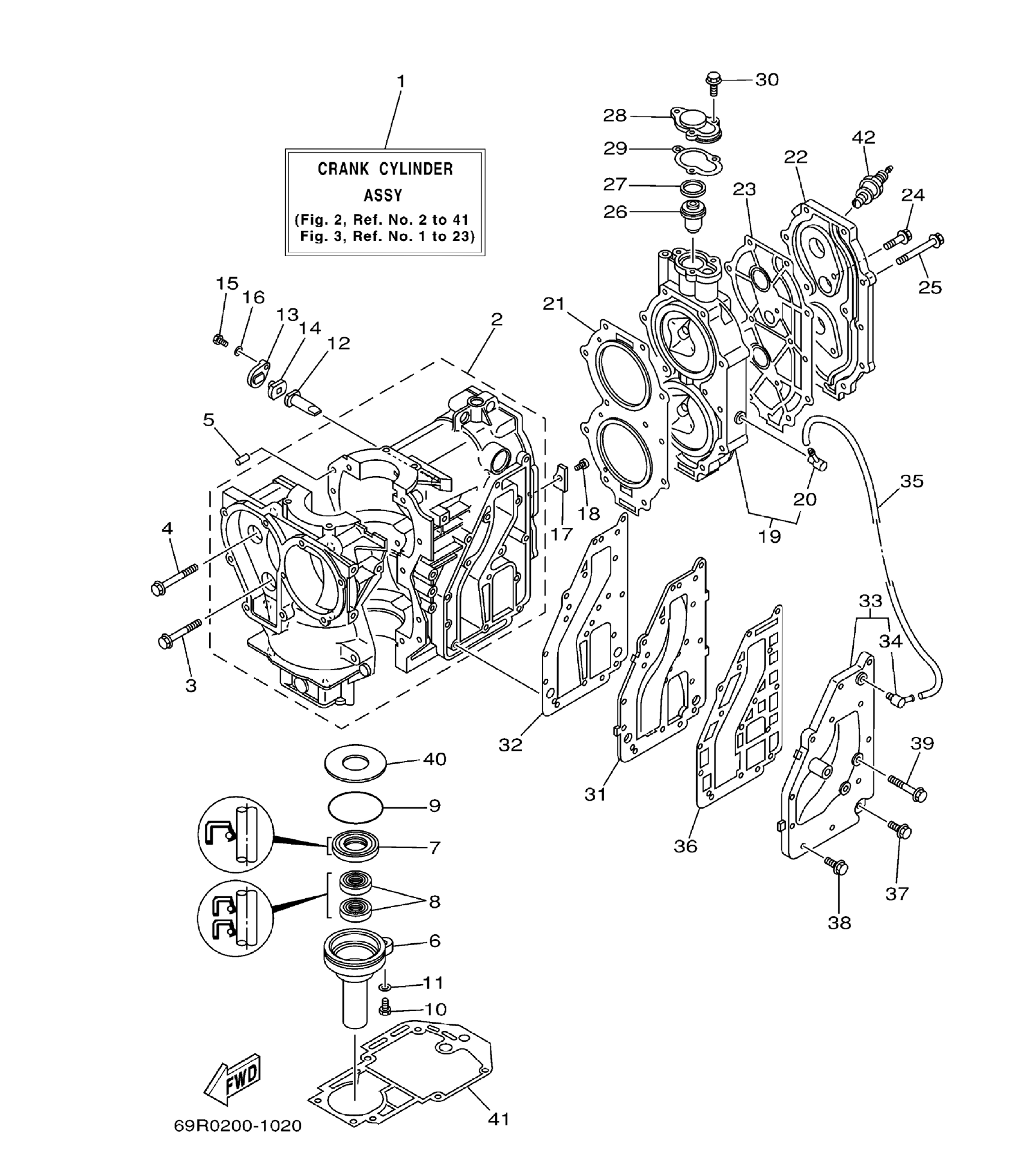 Yamaha E25B / E30H 2002 outboard parts & diagrams – section 2 CYLINDER. CRANKCASE parts diagram