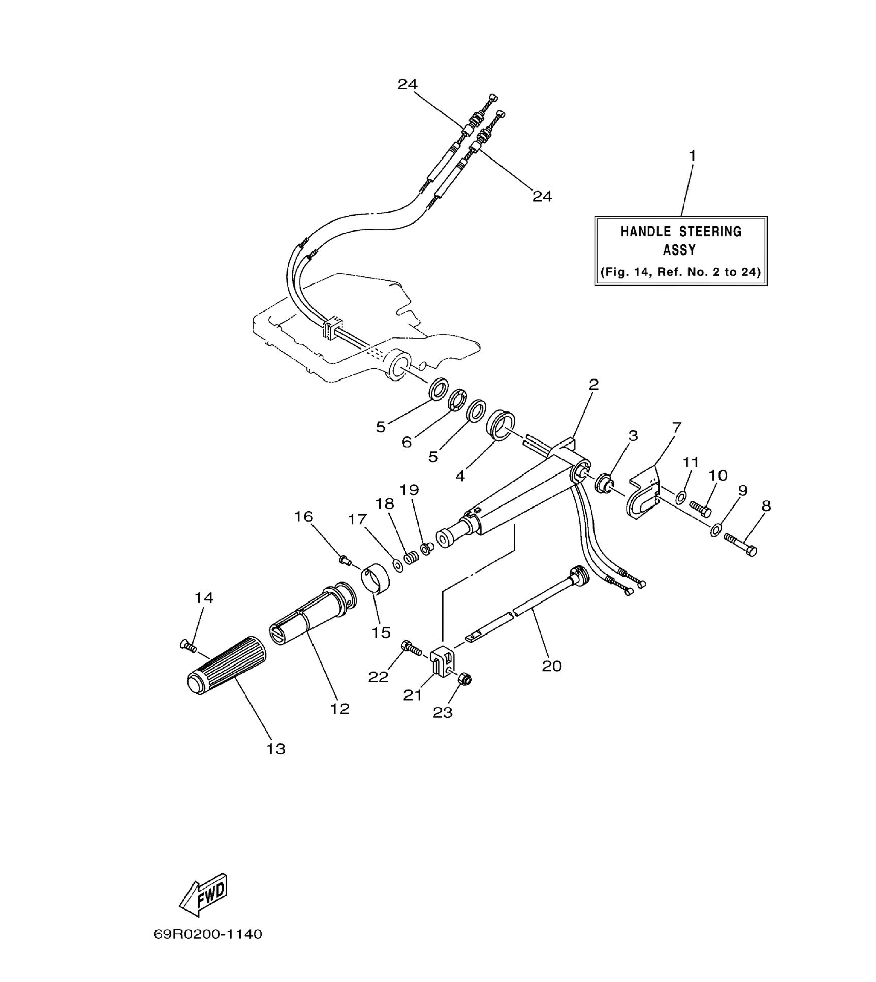 Yamaha E25B / E30H 2002 outboard parts & diagrams – section 14 STEERING parts diagram