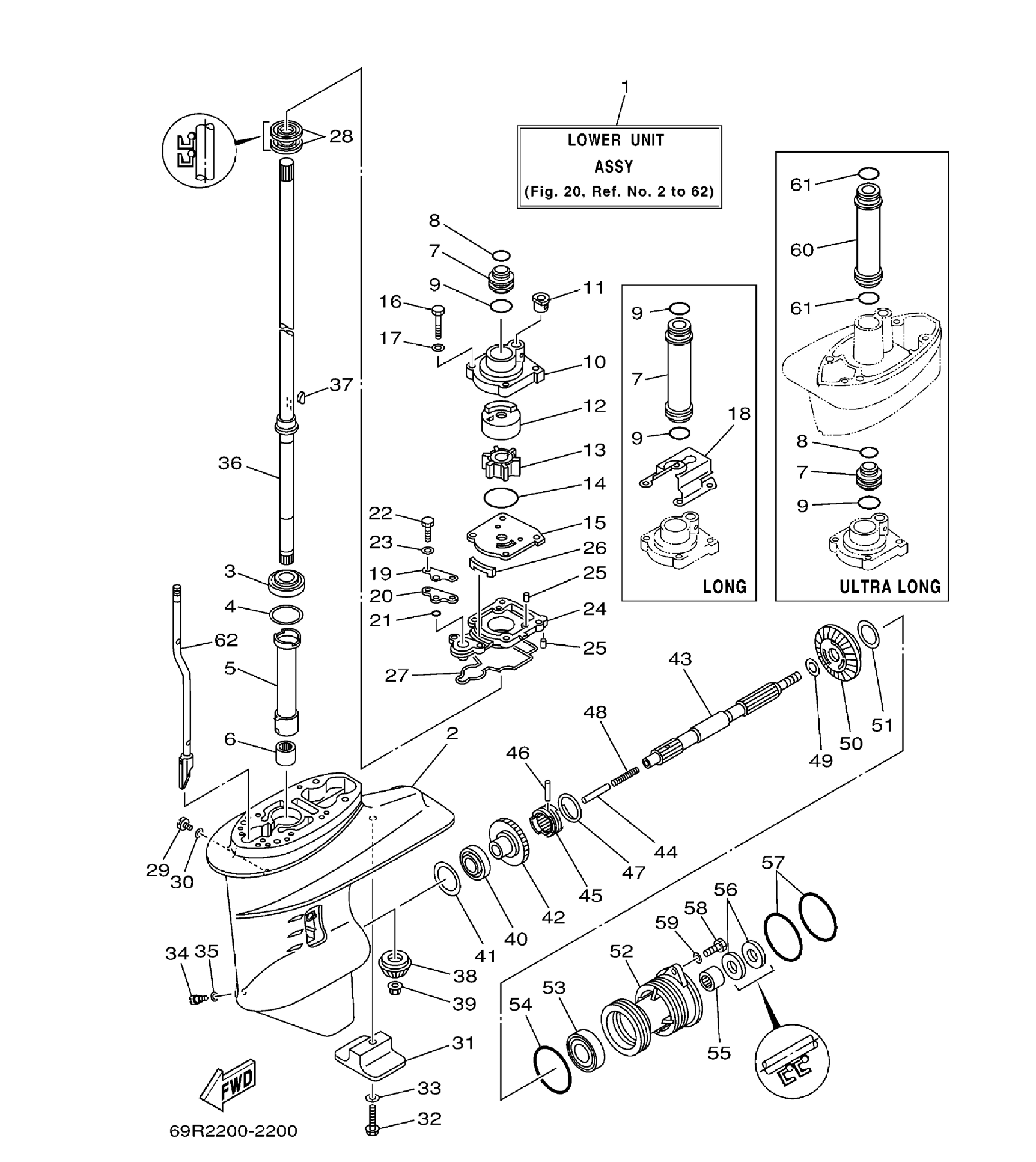 Yamaha E25B / E30H 2002 outboard parts & diagrams – section 20 LOWER CASING. DRIVE 1 parts diagram
