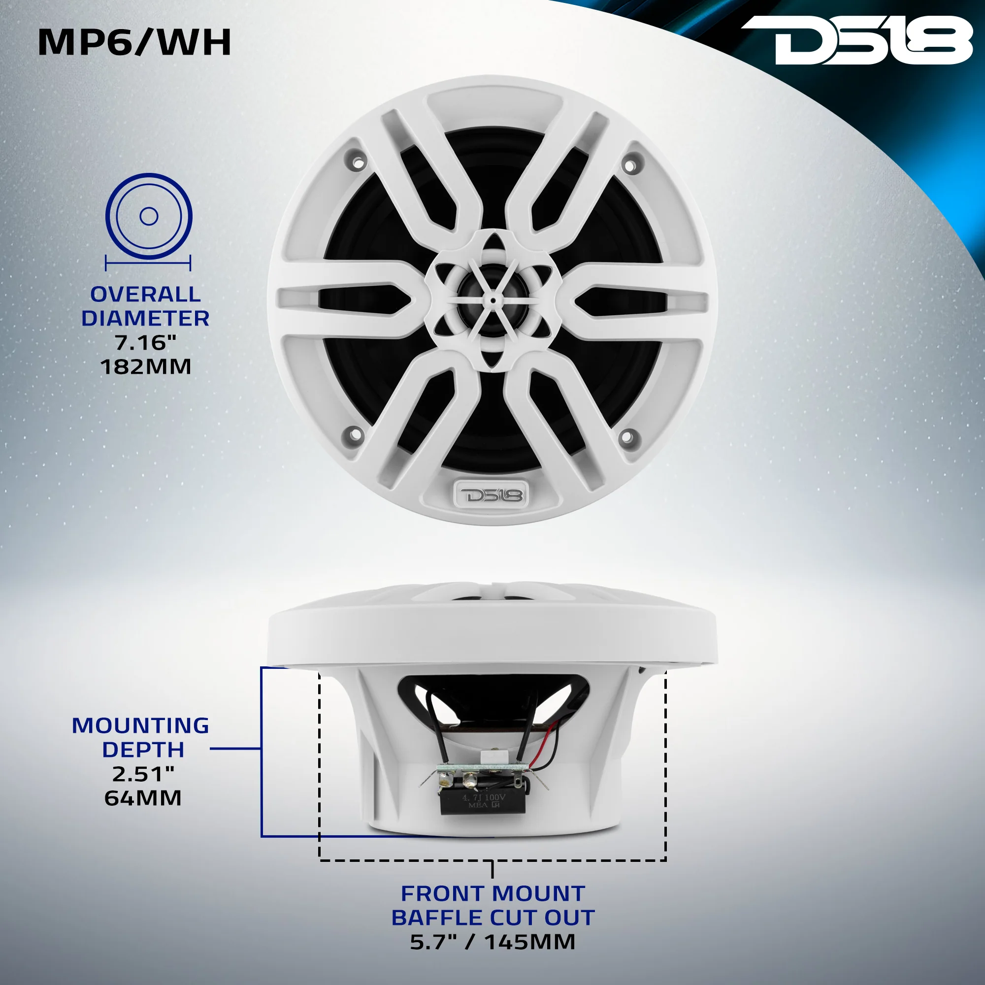 mp6/wh MP 6.5" 2-Way Coaxial Marine Speaker 60 Watts Rms 4-Ohm -White thumbnail 5