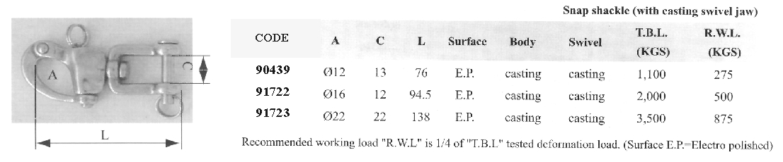 90439 Snap shackle w/ casting swivel jaw, inox, Diam. 12mm