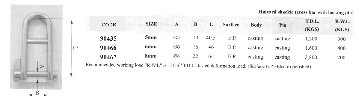 90466 Halyard Shackle, w/cross bar & locking pin, AISI 316,  ø6mm