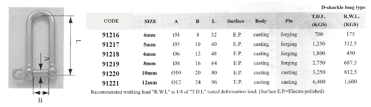 91221 Long type D shackle, AISI 316, 12*24*96mm