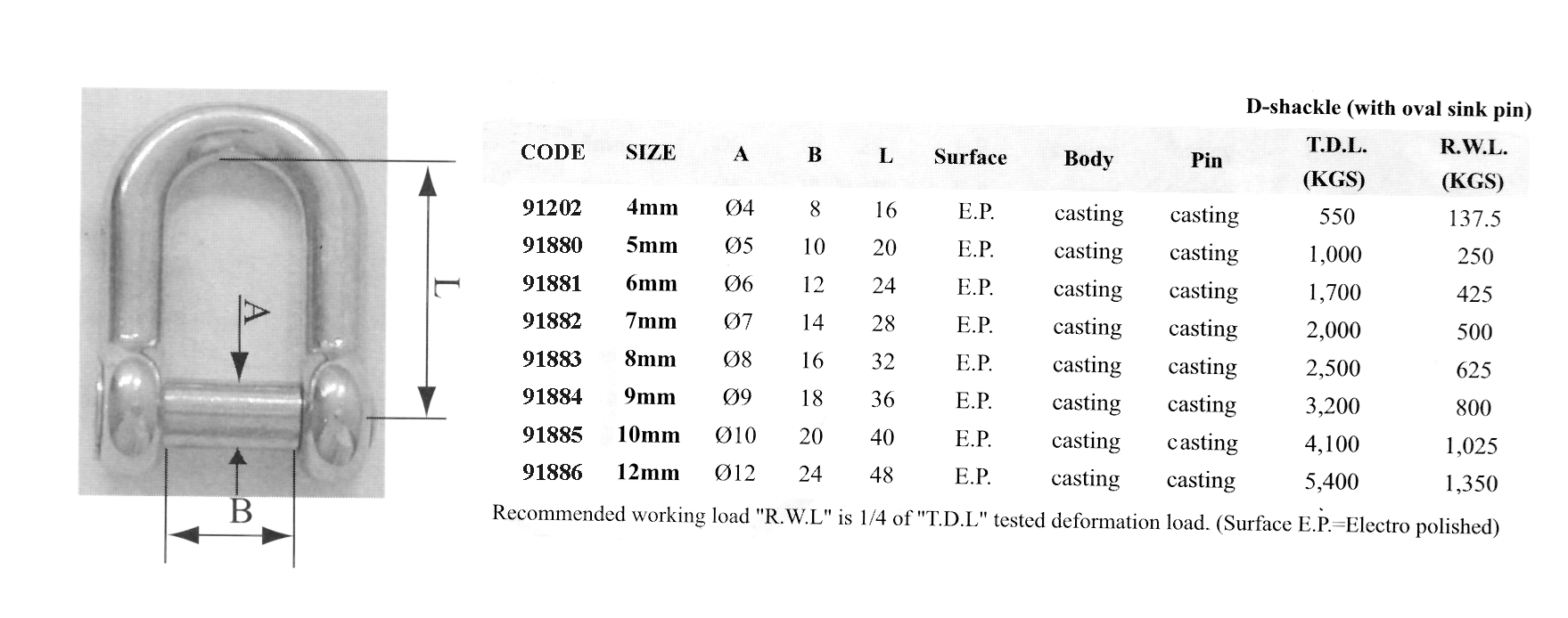 91880 D shackle w/ oval sink pin, AISI 316, Diam. 5mm