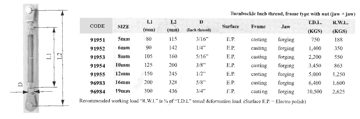91954 Frame Turnbuckle, w/nut, Jaw & Jaw, Inox 316, 10mm