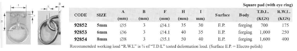 92854 Square Pad, w/eye ring, Inox, ø8mm
