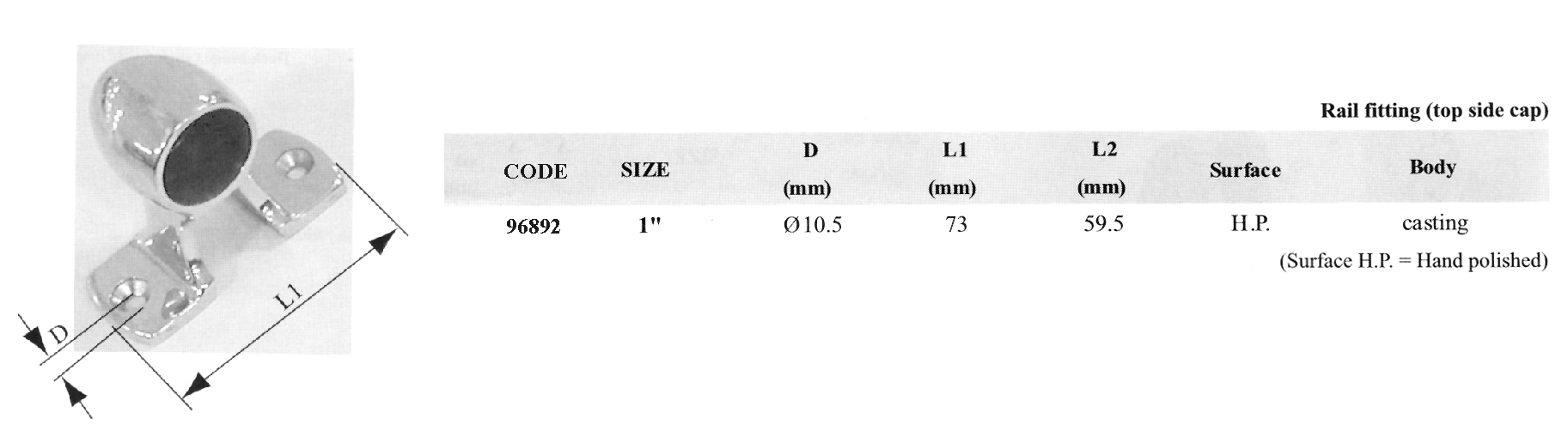 96892 Rail Fitting, 90°, Top Side Cap, Inox 316, 25mm (1)
