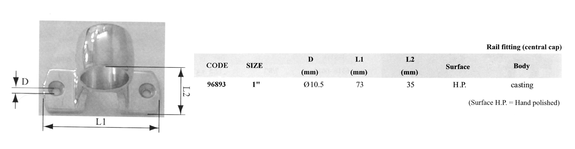 96893 Rail fitting, Central Cap, 90°, Inox 316, 25mm (1)