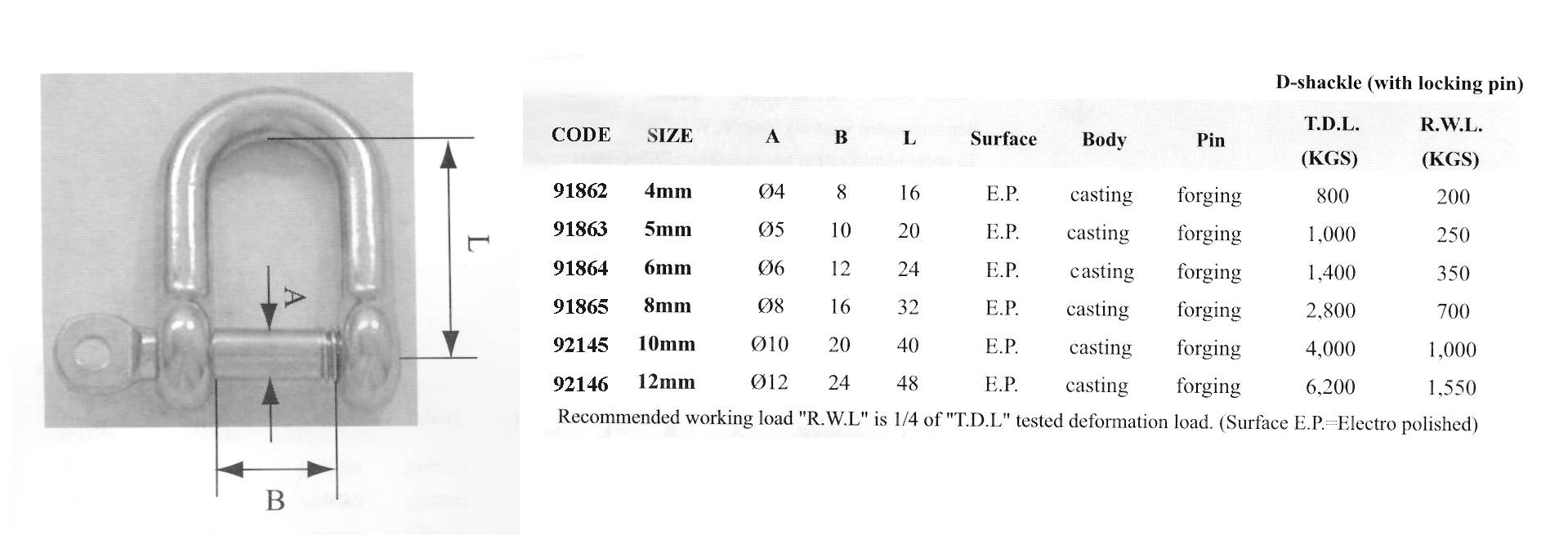 97000 D Shackle, w/locking pin, AISI 316, ø12mm