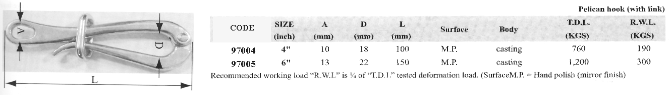 97005 Pelikan Hook, w/link, Inox 316, 152,4mm (6)