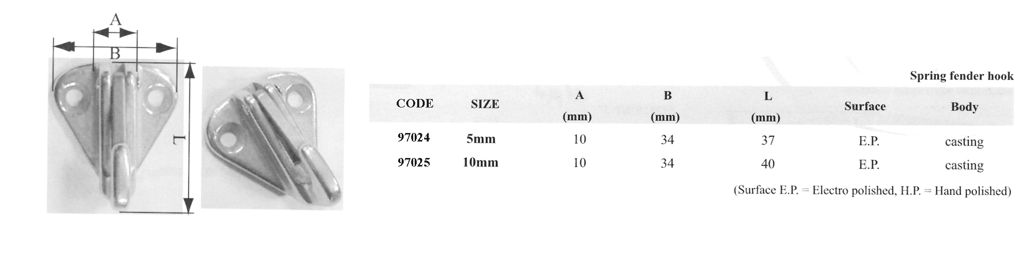 97025 Spring Fender Hook, Inox 316, L40mm, Hook Thickn. 8mm