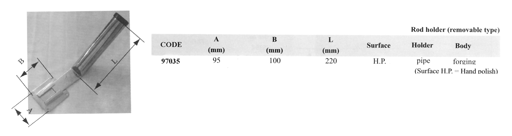 97035 Rod Holder, Removable, Inox 304, Inter.ø44mm, Plate 94,8x101,6mm