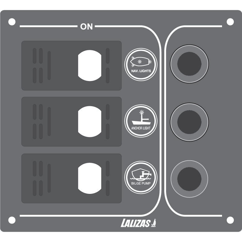 Switch Panel'SP3 Offshore',3waterproof switch,w/Led/3auto fuses,Inox316,12V,120x110mmx1,5mm,Charcoal