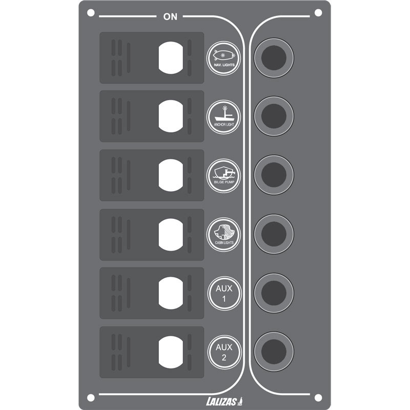 Switch Panel'SP6 Offshore',6waterproof switch,w/Led/6auto fuses,Inox316,12V,120x195mmx1,5mm,Charcoal