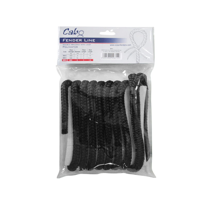 CABO Fender Line, Double Braided, w/ loop, Diam. 8mm, L 2m, Polyester, Black